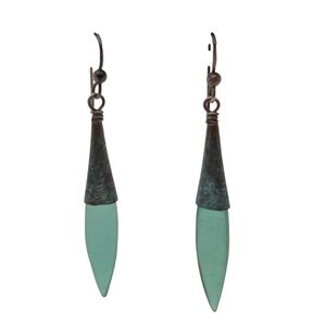 Artisan Copper Verdigris Seafoam Green Glass Tapered Drop Earrings Boho Dangle
